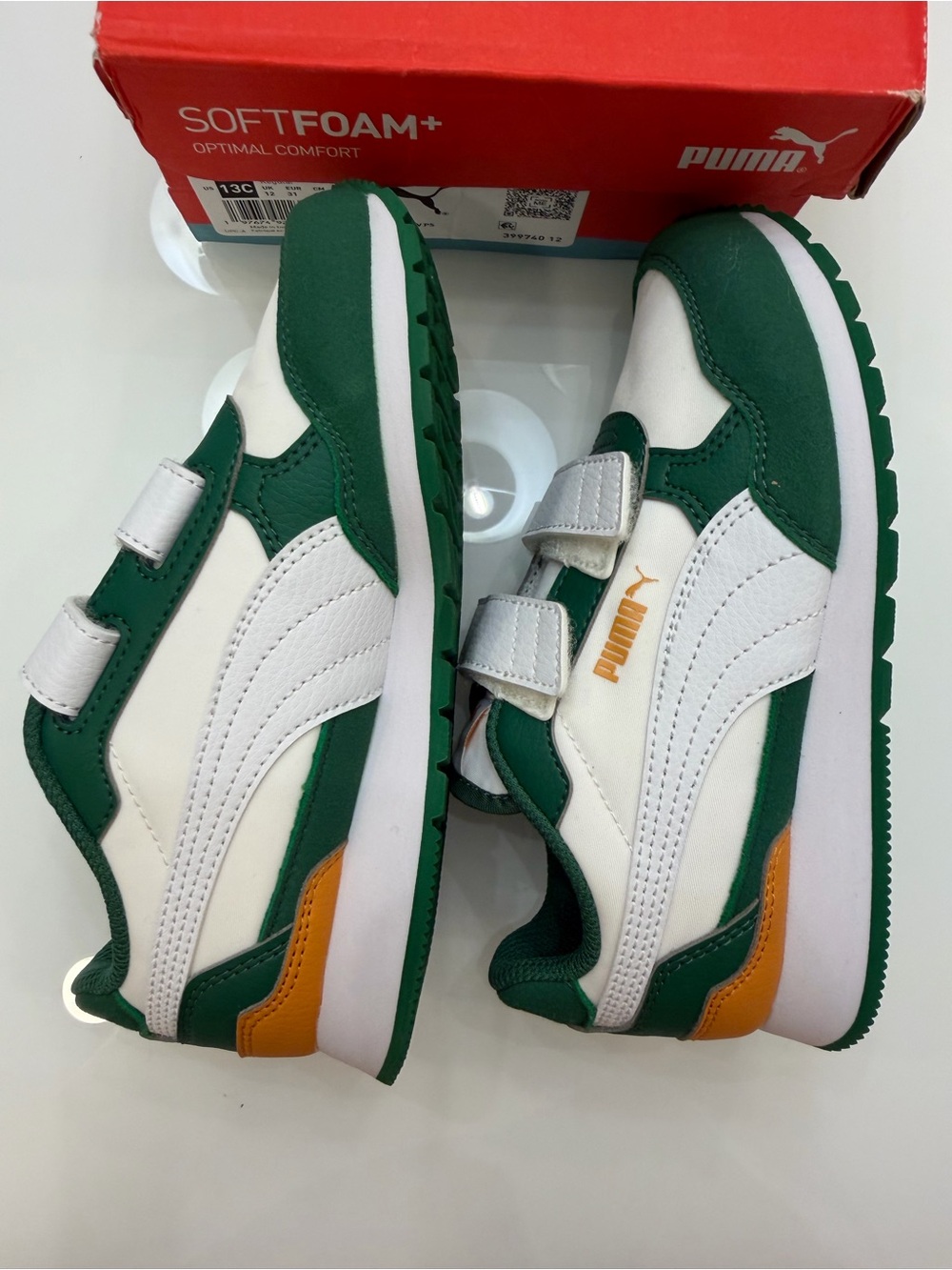 NIB Puma Kids Green and White Velcro Sneakers